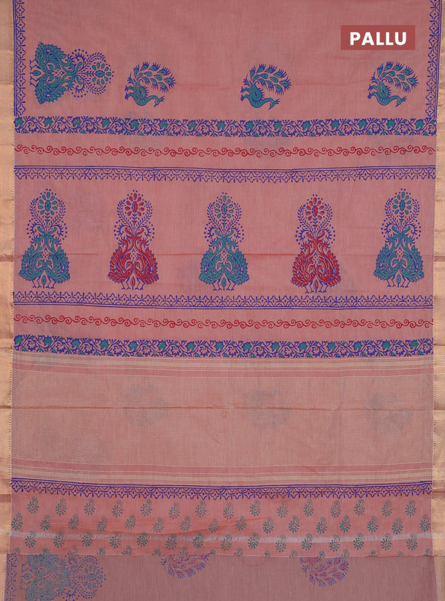 Mangalagiri cotton block printed saree rust shade with butta prints and mangalgiri border