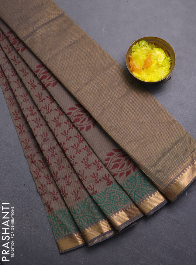 Mangalagiri cotton block printed saree pastel brown with allover butta prints and mangalgiri border