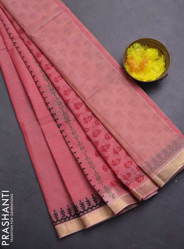 Mangalagiri cotton block printed saree red shade with butta prints and mangalgiri border
