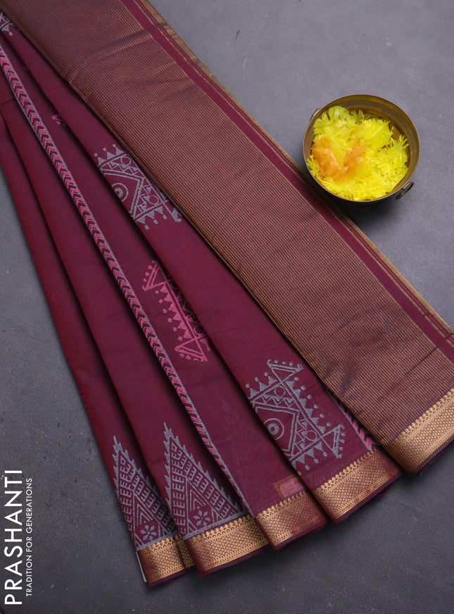 Mangalagiri cotton block printed saree maroon with butta prints and mangalgiri border