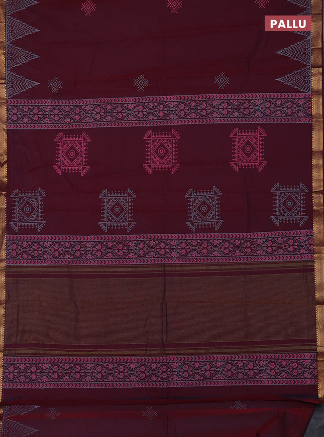 Mangalagiri cotton block printed saree maroon with butta prints and mangalgiri border