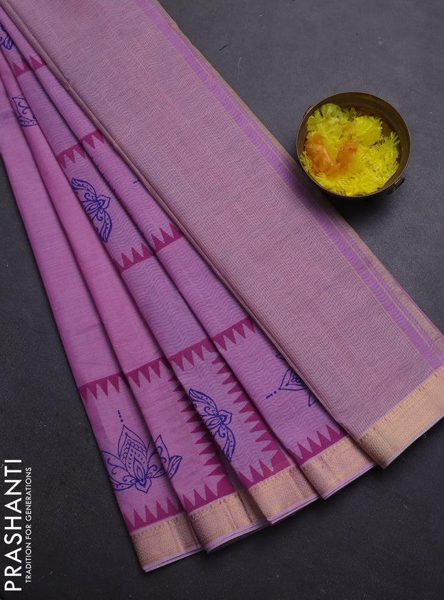 Mangalagiri cotton block printed saree lotus pink with allover prints and mangalgiri border