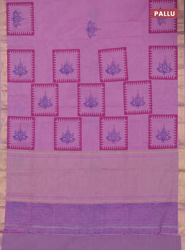 Mangalagiri cotton block printed saree lotus pink with allover prints and mangalgiri border