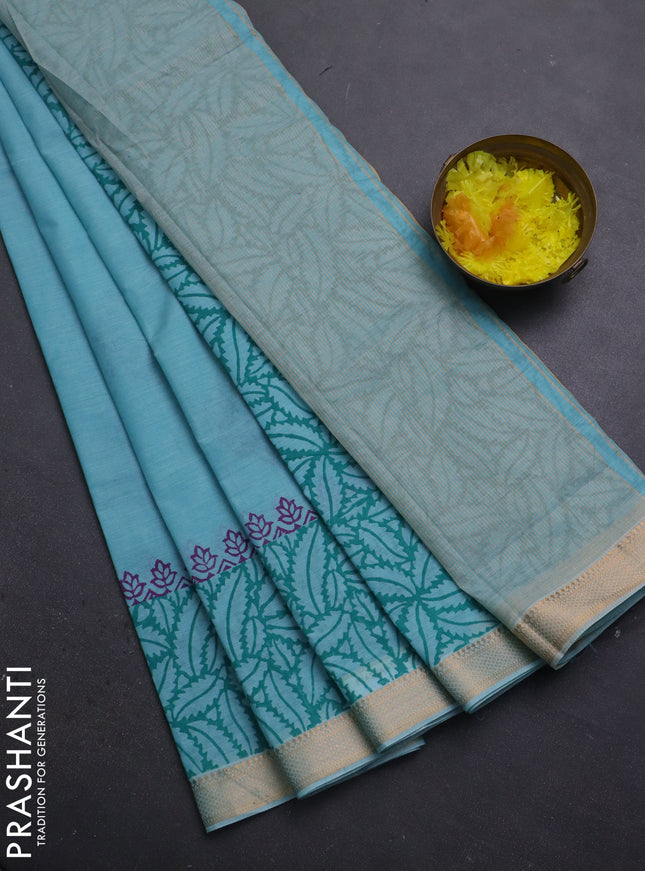 Mangalagiri cotton block printed saree teal blue with butta prints and mangalgiri border