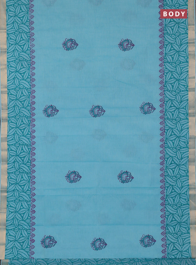 Mangalagiri cotton block printed saree teal blue with butta prints and mangalgiri border