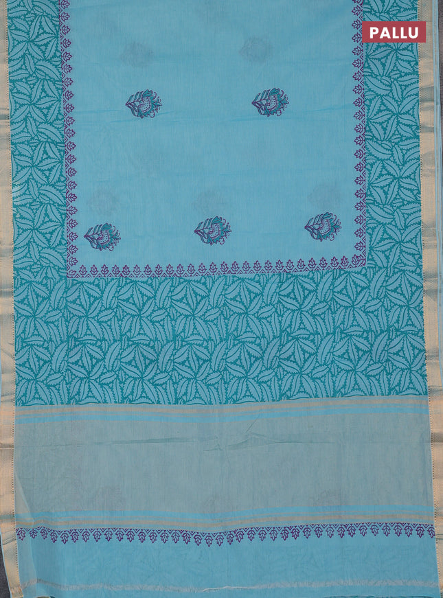 Mangalagiri cotton block printed saree teal blue with butta prints and mangalgiri border