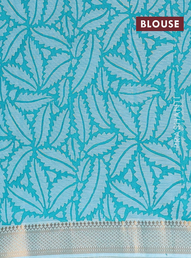 Mangalagiri cotton block printed saree teal blue with butta prints and mangalgiri border