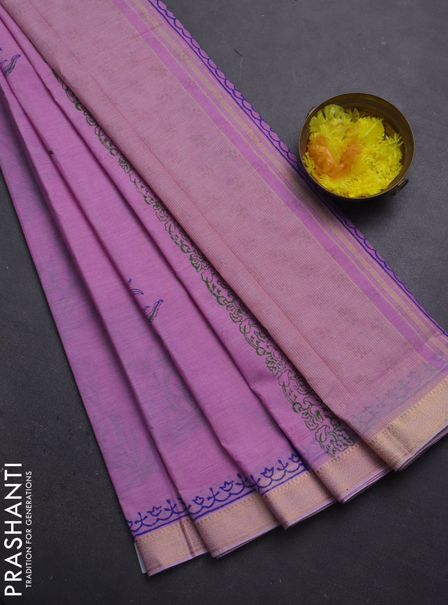 Mangalagiri cotton block printed saree lotus pink with floral butta prints and mangalgiri border