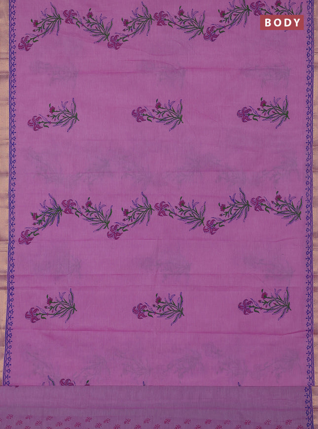 Mangalagiri cotton block printed saree lotus pink with floral butta prints and mangalgiri border