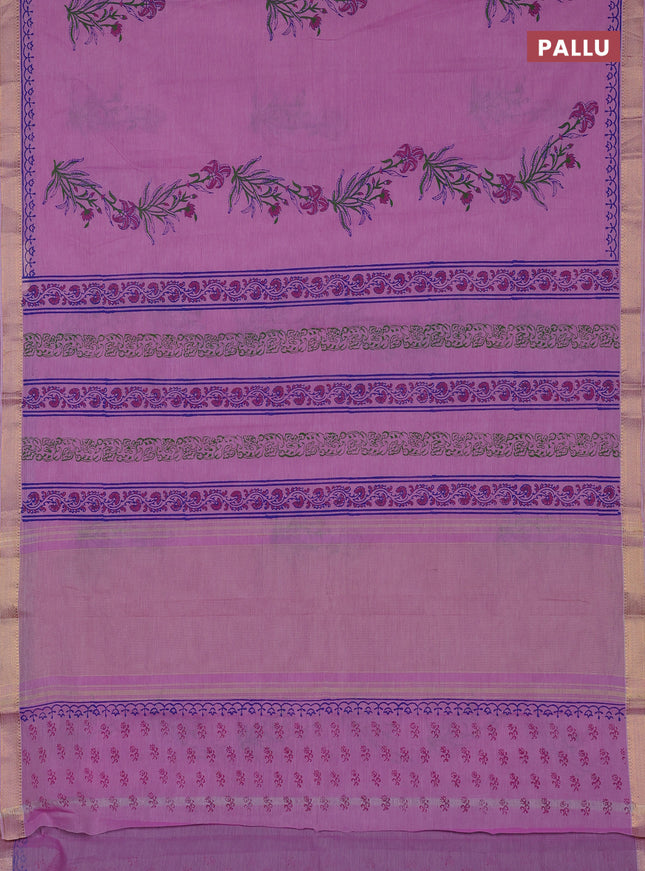 Mangalagiri cotton block printed saree lotus pink with floral butta prints and mangalgiri border