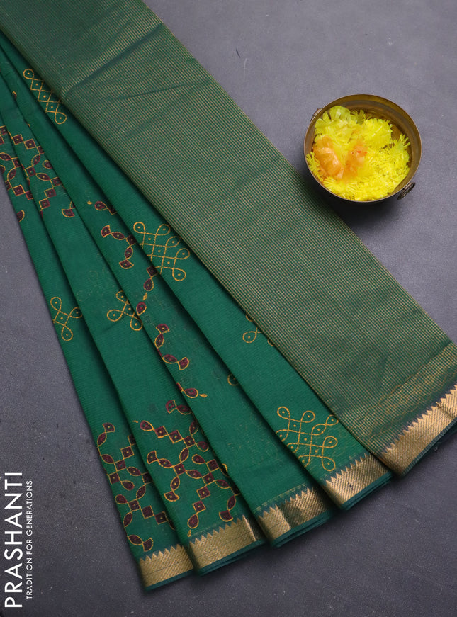 Mangalagiri cotton block printed saree green with rangoli butta prints and mangalgiri border