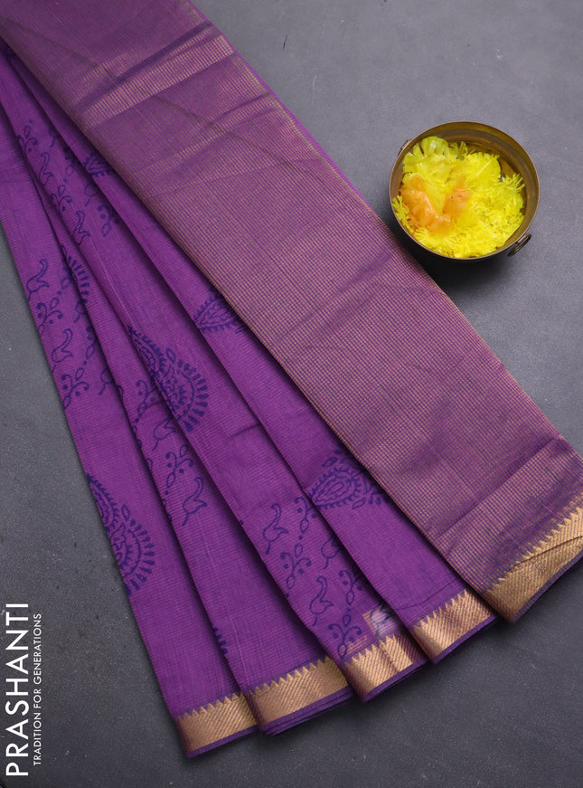Mangalagiri cotton block printed saree purple with allover prints and mangalgiri border