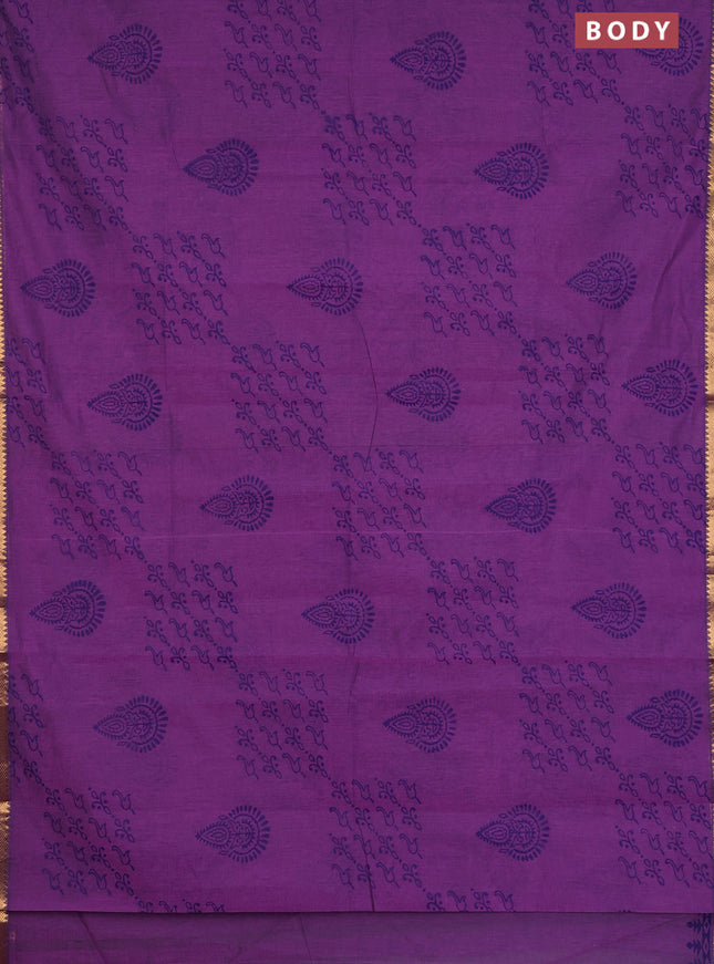Mangalagiri cotton block printed saree purple with allover prints and mangalgiri border