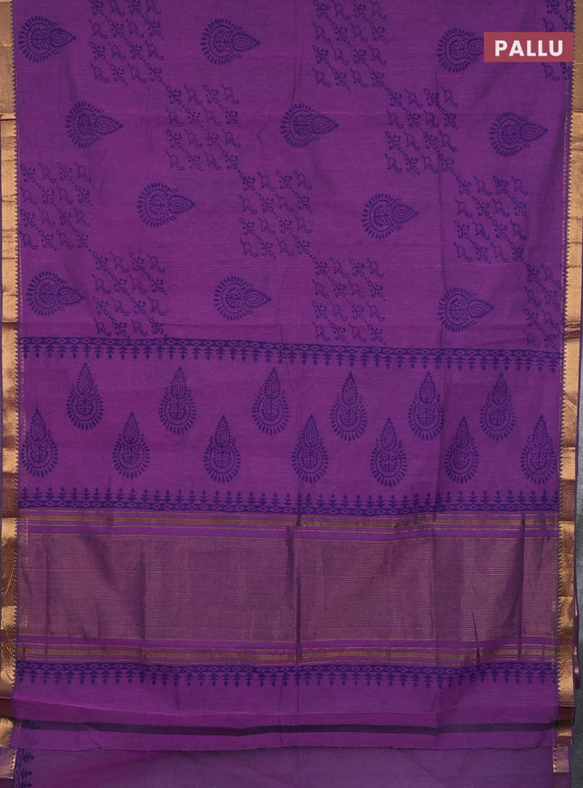Mangalagiri cotton block printed saree purple with allover prints and mangalgiri border