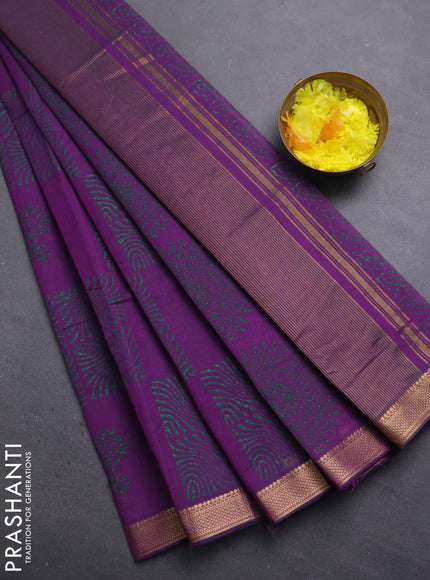 Mangalagiri cotton block printed saree purple and wtih allover butta prints and mangalgiri border