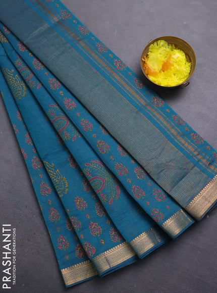 Mangalagiri cotton block printed saree peacock green with allover butta prints and mangalgiri border