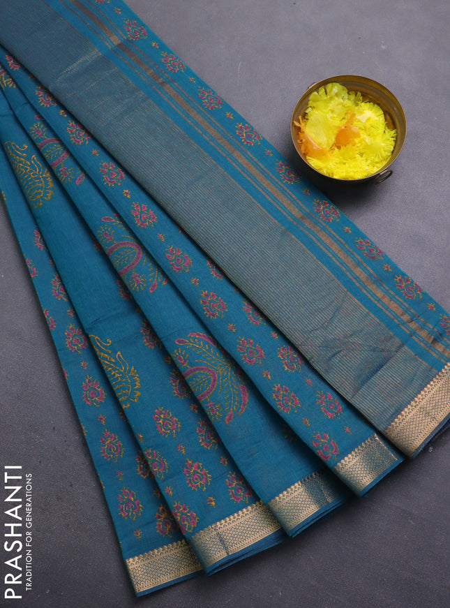Mangalagiri cotton block printed saree peacock green with allover butta prints and mangalgiri border