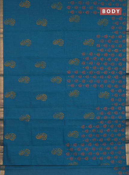 Mangalagiri cotton block printed saree peacock green with allover butta prints and mangalgiri border