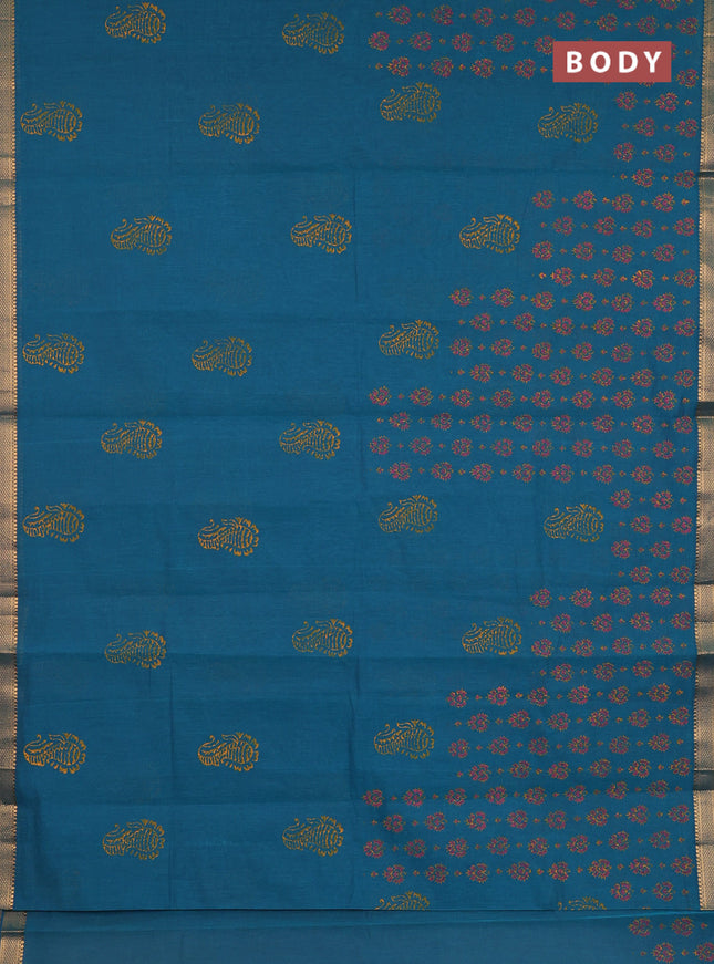 Mangalagiri cotton block printed saree peacock green with allover butta prints and mangalgiri border
