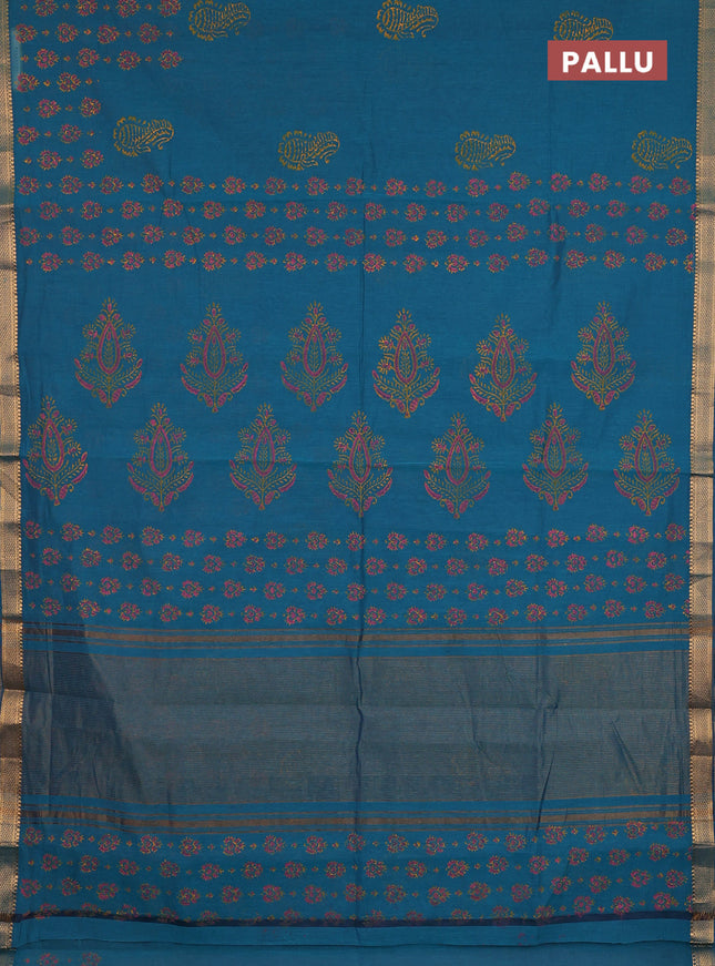 Mangalagiri cotton block printed saree peacock green with allover butta prints and mangalgiri border