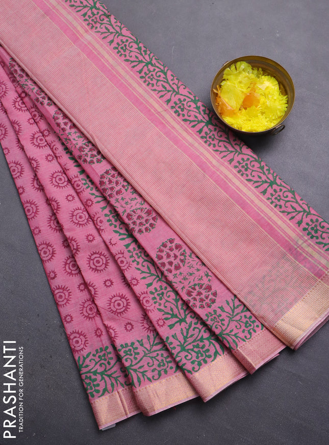 Mangalagiri cotton block printed saree pink with allover butta prints and mangalgiri border