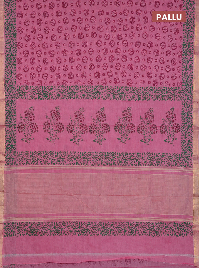 Mangalagiri cotton block printed saree pink with allover butta prints and mangalgiri border