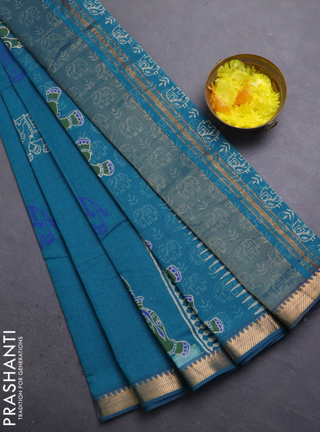 Mangalagiri cotton block printed saree peacock green with elephant butta prints and mangalgiri border