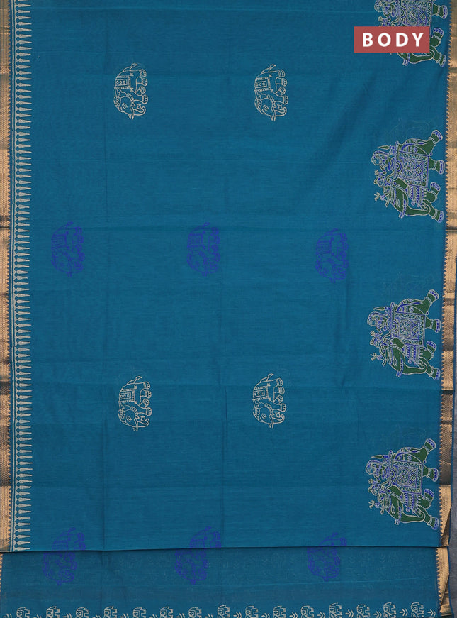 Mangalagiri cotton block printed saree peacock green with elephant butta prints and mangalgiri border
