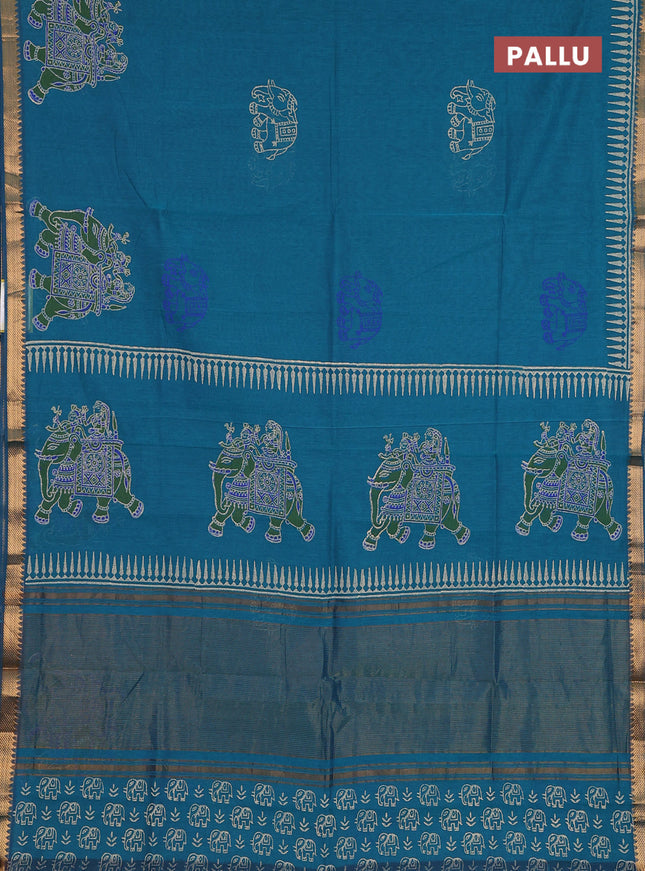 Mangalagiri cotton block printed saree peacock green with elephant butta prints and mangalgiri border