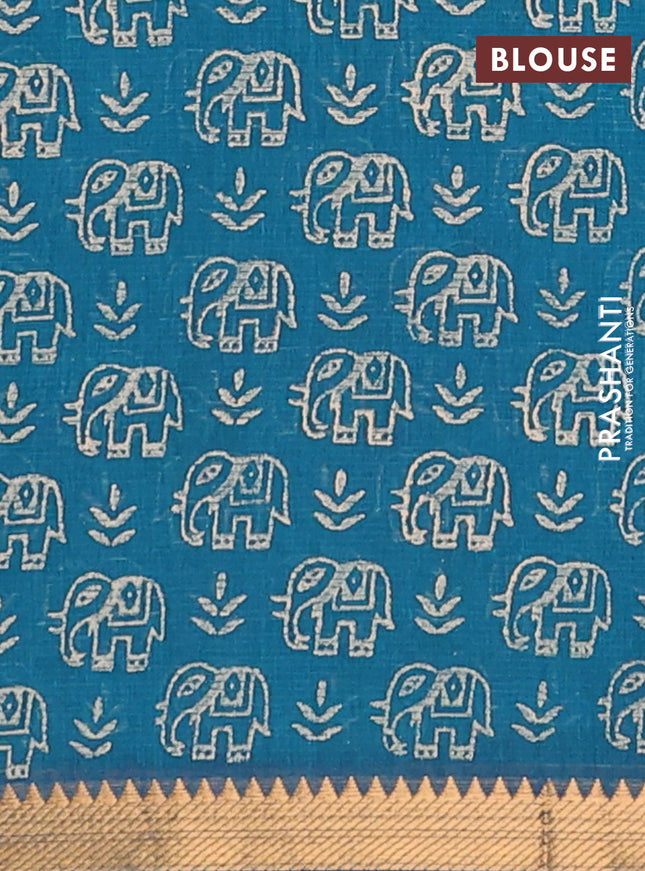 Mangalagiri cotton block printed saree peacock green with elephant butta prints and mangalgiri border