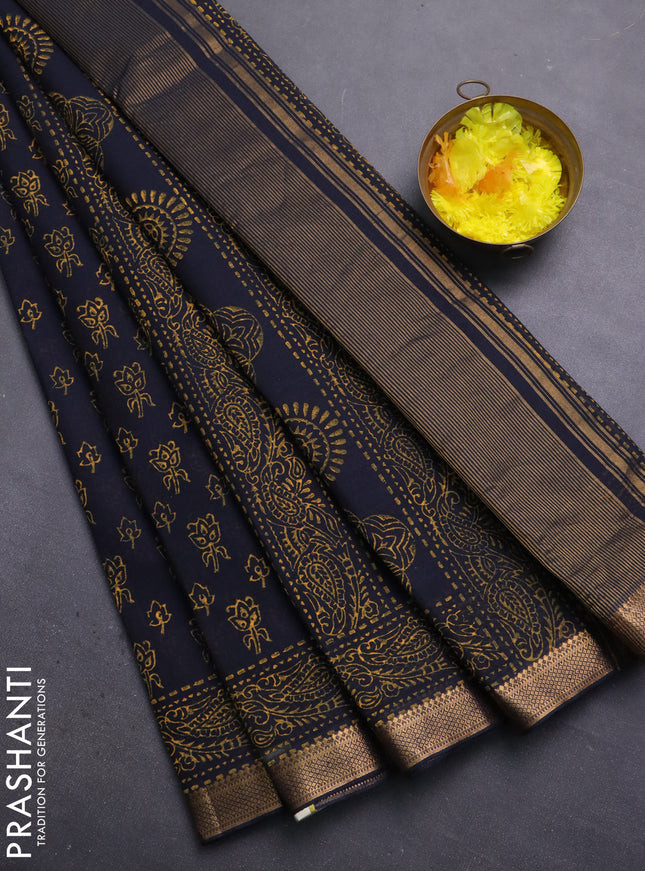 Mangalagiri cotton block printed saree elephant grey with allover butta prints and mangalgiri border