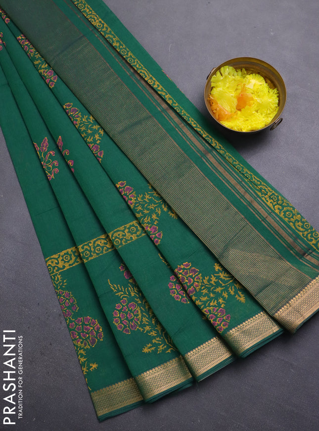 Mangalagiri cotton block printed saree green with floral butta prints and mangalgiri border