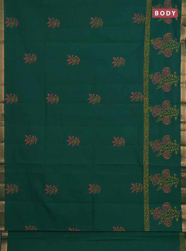 Mangalagiri cotton block printed saree green with floral butta prints and mangalgiri border