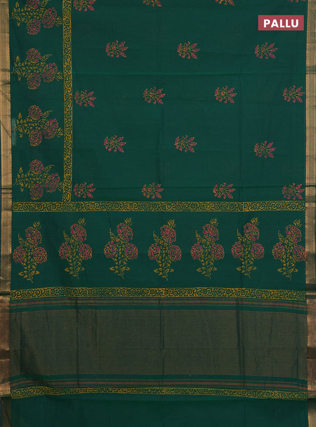 Mangalagiri cotton block printed saree green with floral butta prints and mangalgiri border