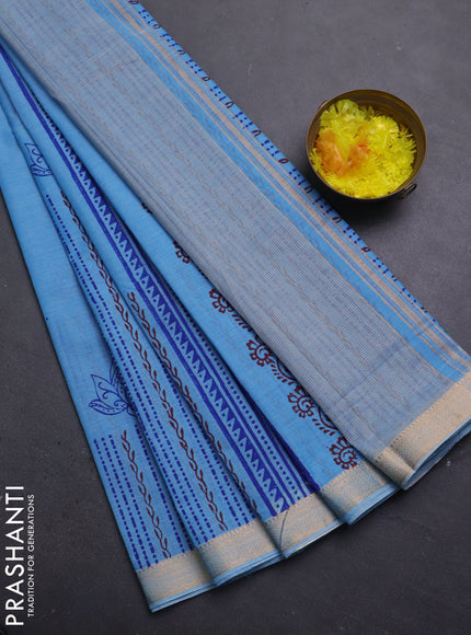 Mangalagiri cotton block printed saree light blue with prints and mangalgiri border