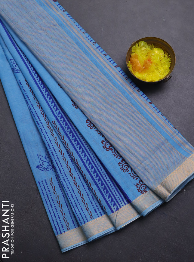 Mangalagiri cotton block printed saree light blue with prints and mangalgiri border