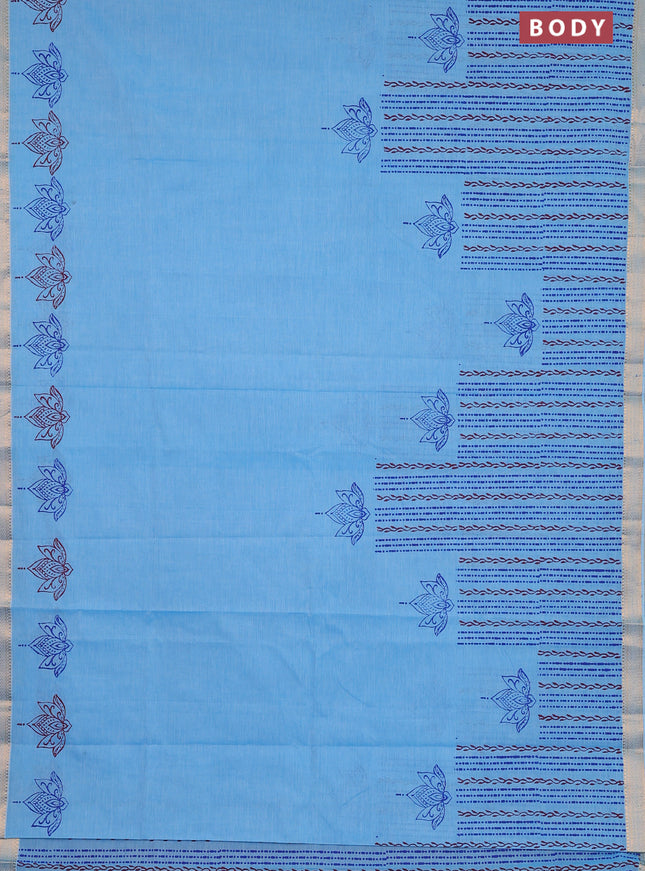 Mangalagiri cotton block printed saree light blue with prints and mangalgiri border