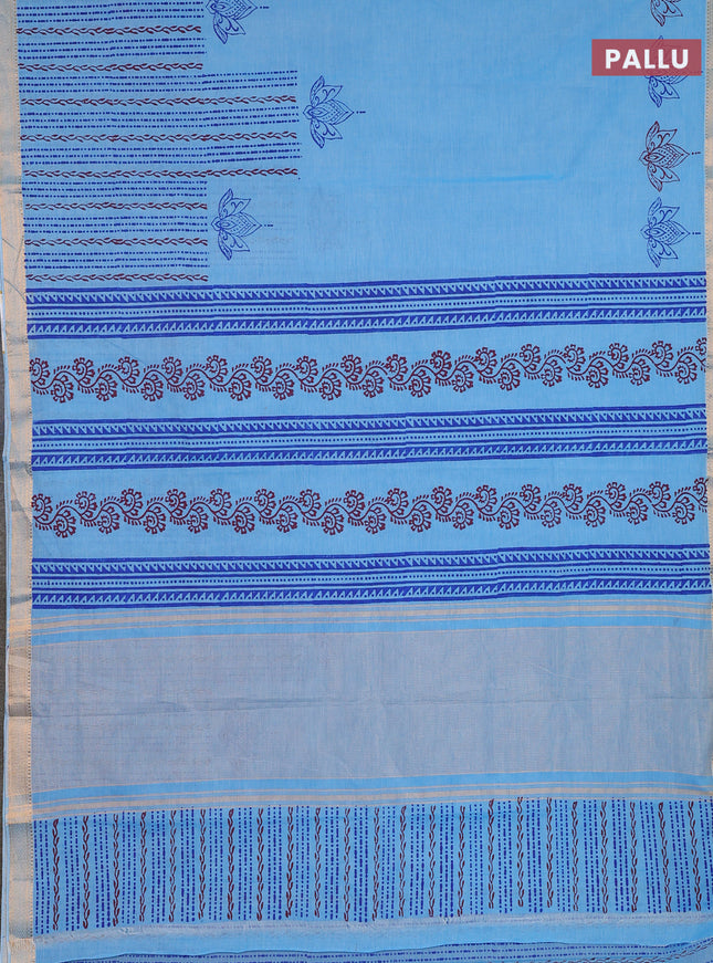 Mangalagiri cotton block printed saree light blue with prints and mangalgiri border