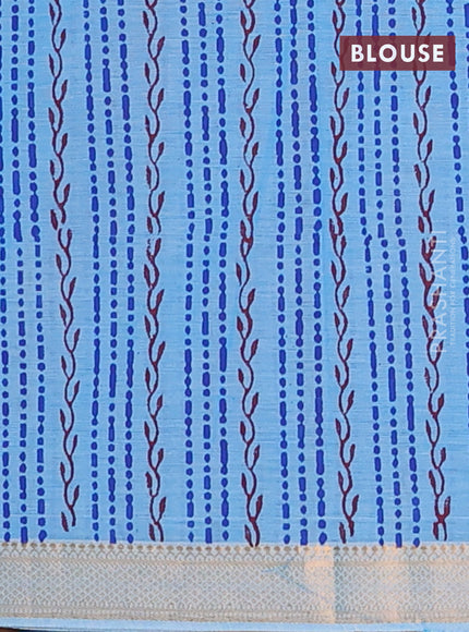 Mangalagiri cotton block printed saree light blue with prints and mangalgiri border