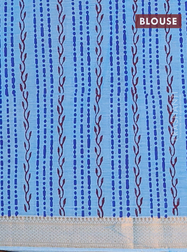 Mangalagiri cotton block printed saree light blue with prints and mangalgiri border