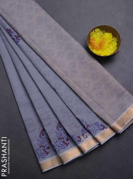 Mangalagiri cotton block printed saree grey with floral butta prints and mangalgiri border
