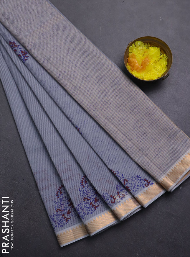 Mangalagiri cotton block printed saree grey with floral butta prints and mangalgiri border