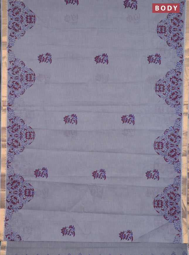 Mangalagiri cotton block printed saree grey with floral butta prints and mangalgiri border
