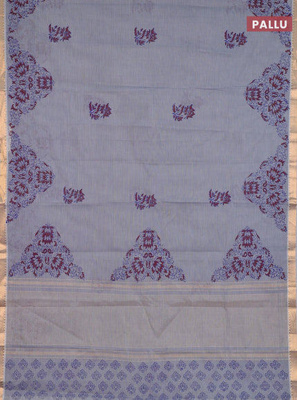 Mangalagiri cotton block printed saree grey with floral butta prints and mangalgiri border