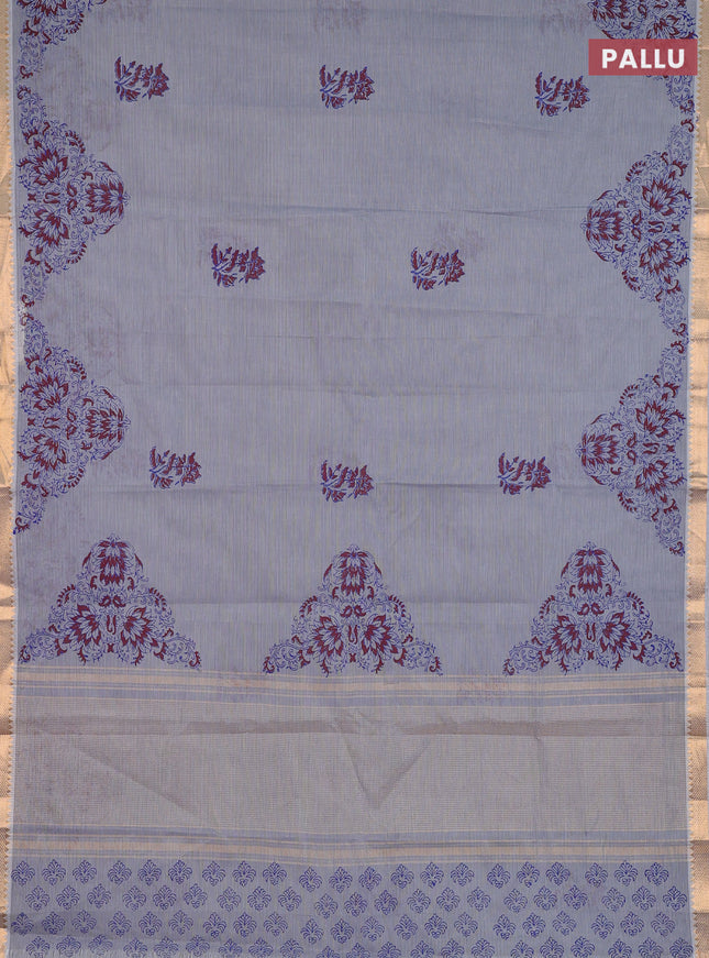 Mangalagiri cotton block printed saree grey with floral butta prints and mangalgiri border