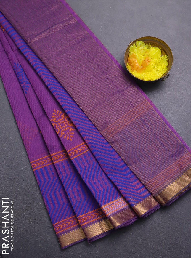 Mangalagiri cotton block printed saree mild purple with butta prints and mangalgiri border