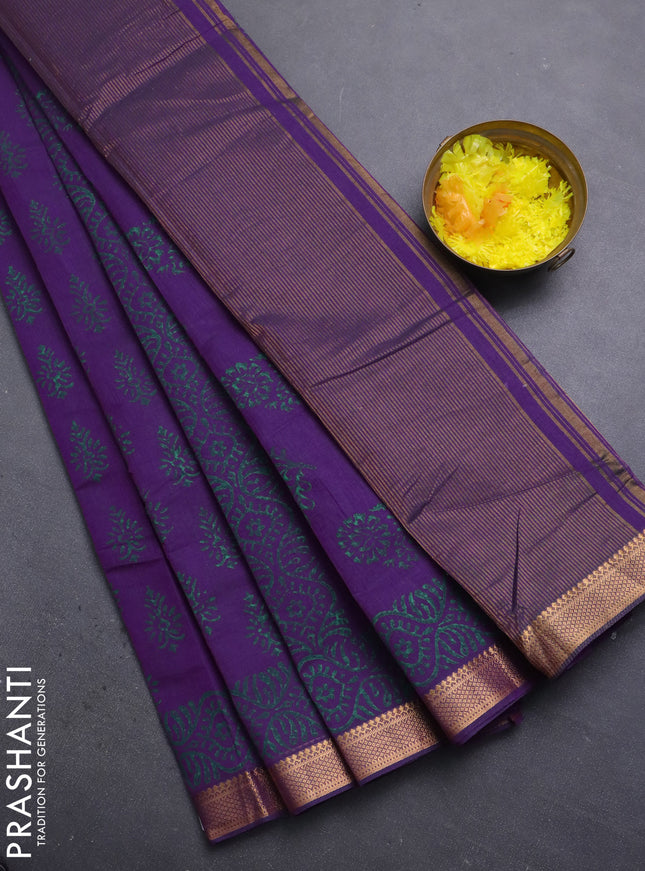 Mangalagiri cotton block printed saree purple with allover butta prints and mangalgiri border