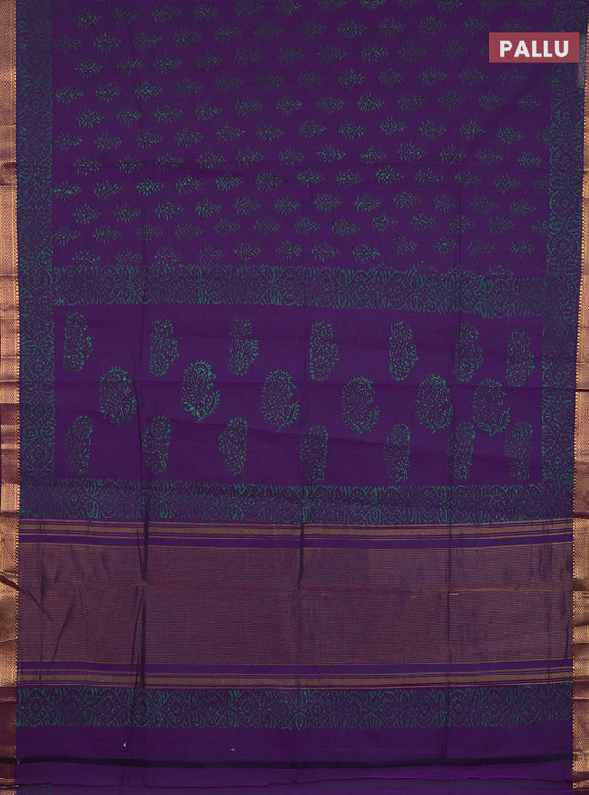 Mangalagiri cotton block printed saree purple with allover butta prints and mangalgiri border