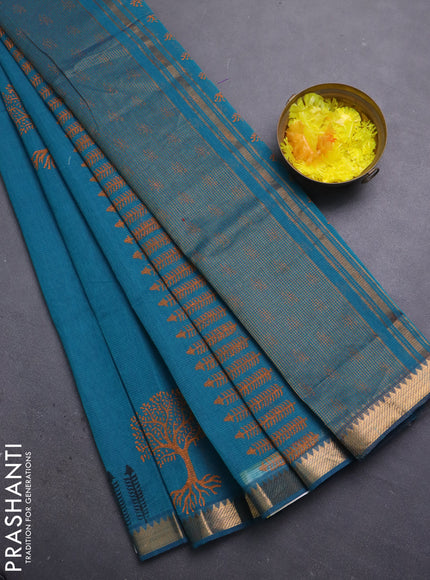 Mangalagiri cotton block printed saree peacock green with tree butta prints and mangalgiri border