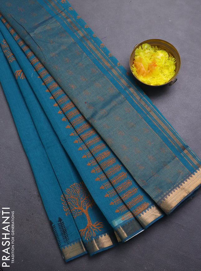 Mangalagiri cotton block printed saree peacock green with tree butta prints and mangalgiri border